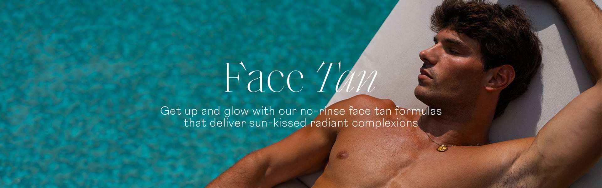Face Tan Fan Tan toned tanned man lying on sun lounger next to pool with eyes closed