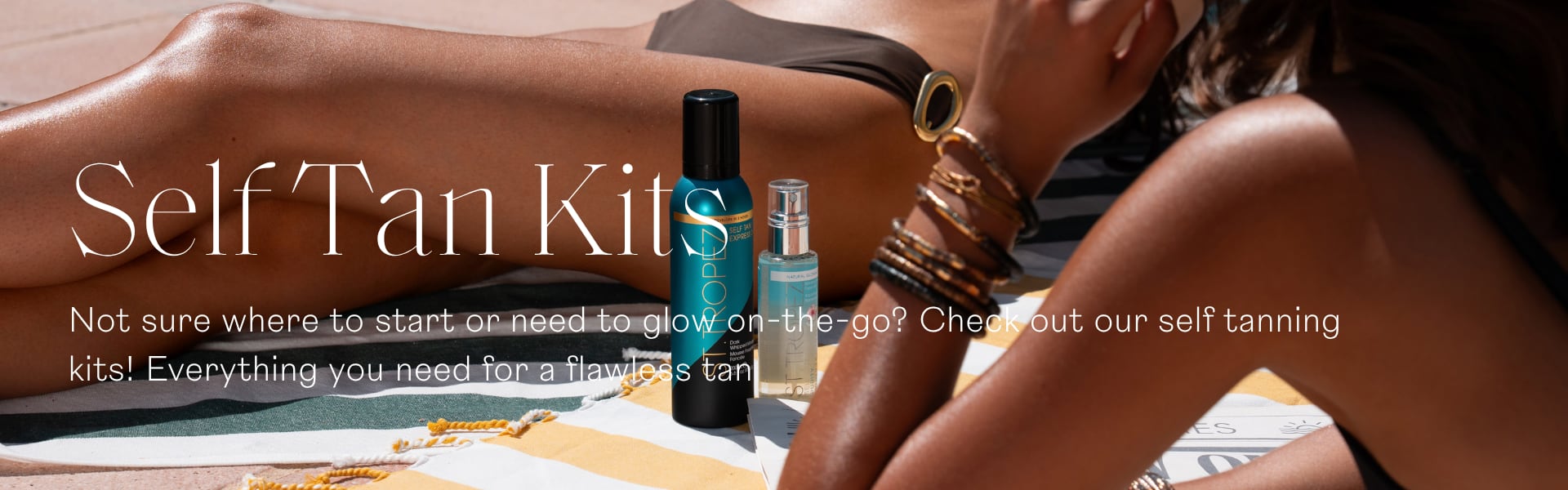 Self Tan Kits bottle of tan and two women in image sunbathing